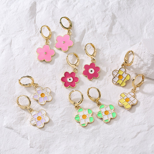 Minimalist Irregular Enamel Flower Earrings for Women in Copper with 18K Gold Plating