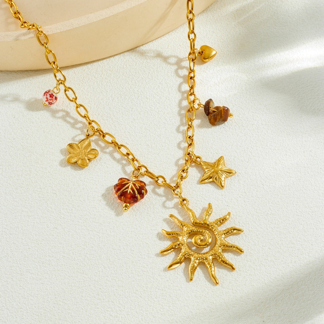 Vintage Gold Plated Stainless Steel Star Flower Leaf Pendant Necklace and Bracelet Set with Cable Chain