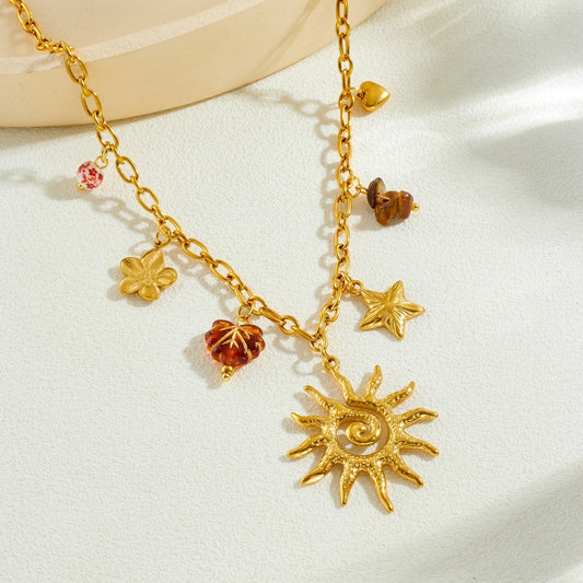 Vintage Gold Plated Stainless Steel Star Flower Leaf Pendant Necklace and Bracelet Set with Cable Chain
