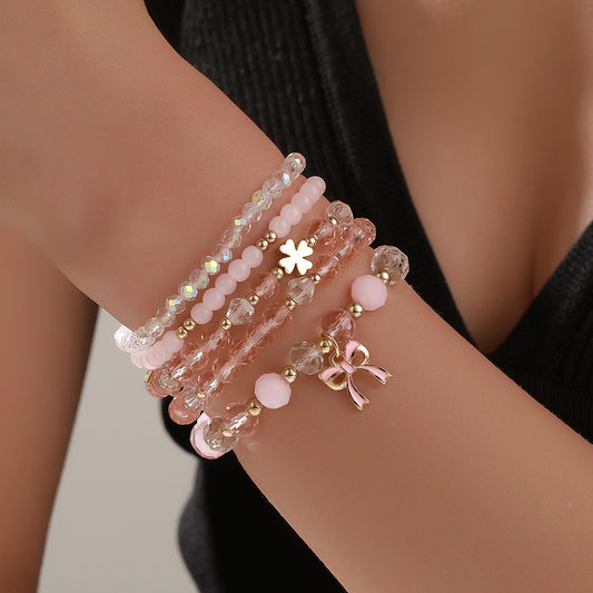 Sweet Pink Crystal Acrylic Bow Bracelet Handmade Beaded Stretch Jewelry for Women