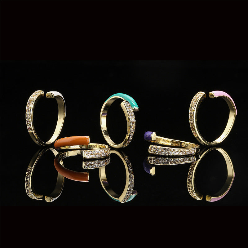 Geometric Gold Plated Brass Drip Oil Cubic Zirconia Inlay Ring for Women