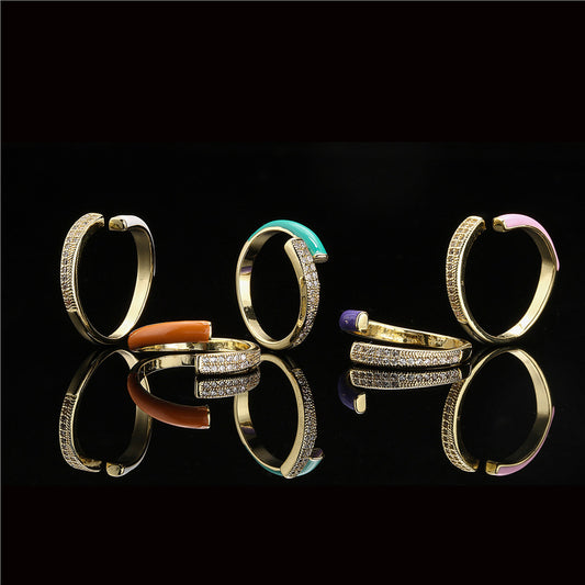 Geometric Gold Plated Brass Drip Oil Cubic Zirconia Inlay Ring for Women
