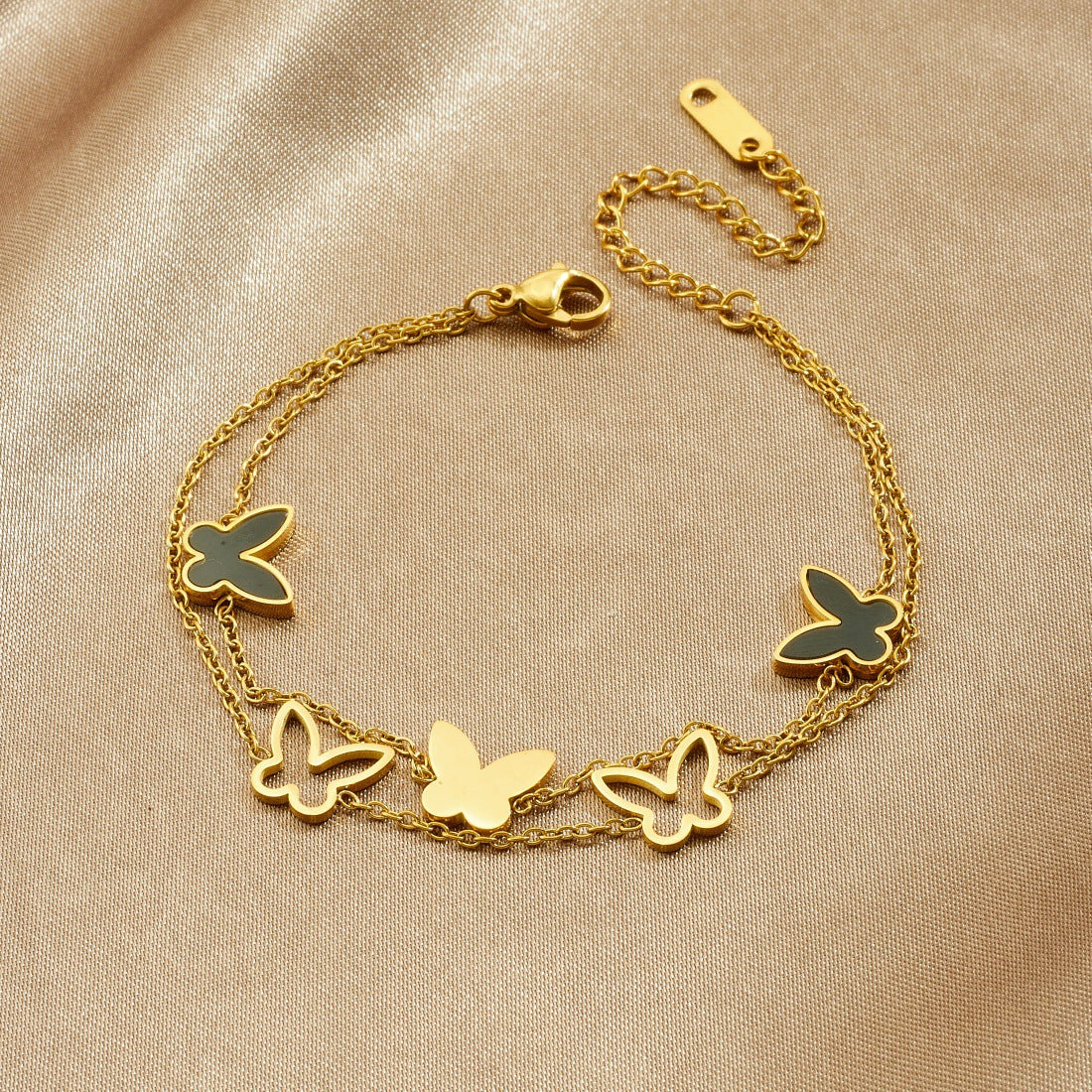 Hollow Black Butterfly Stainless Steel Gold Plated Double Layer Chain Bracelet for Women