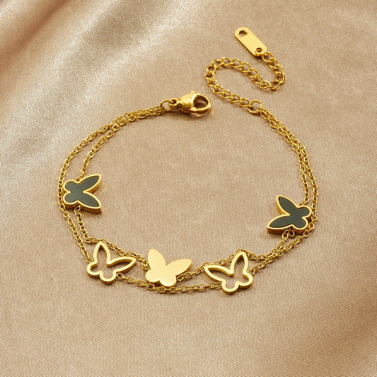 Hollow Black Butterfly Stainless Steel Gold Plated Double Layer Chain Bracelet for Women