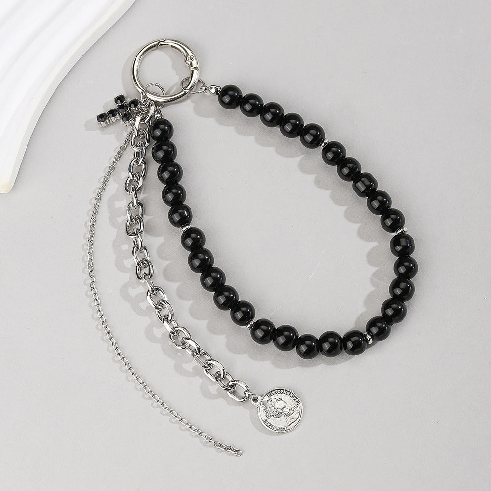Rhinestone Inlaid Cross Round Zinc Alloy Keychain with Handmade Beading and Tassel