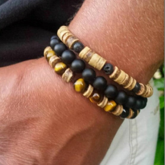 Bracciale elastico da uomo stile vintage con perline in occhio di tigre e legno, design geometrico rotondo