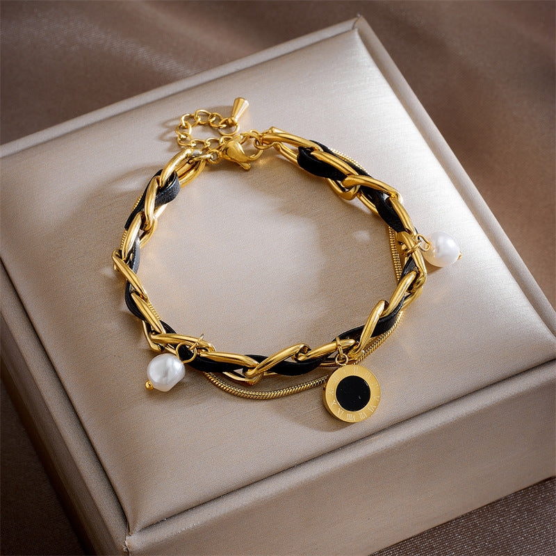Minimalist Vintage-Inspired Double-Layer Bracelet with Stainless Steel Chain, Pearl Round Pendants, Star and Butterfly Charms