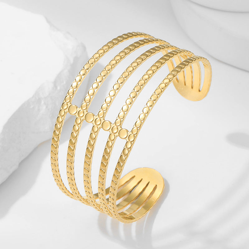 Adjustable Titanium Steel Bracelet for Women with Geometric Line Design Electroplated Finish Statement Cuff