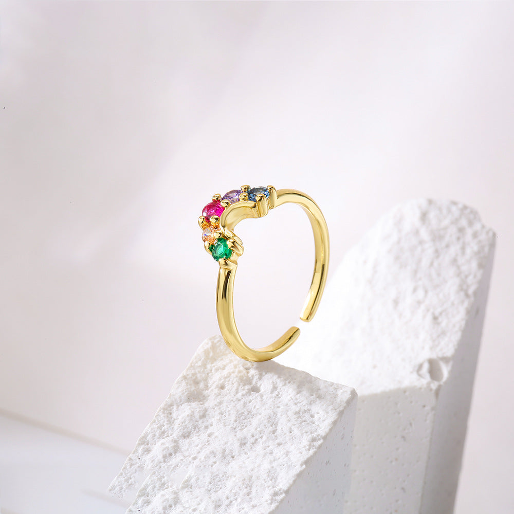 Anello Aperto Geometrico Minimalista da Donna in Rame con Placcatura in Oro e Intarsio di Zirconi Arcobaleno