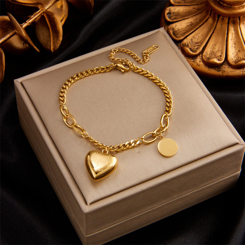Bracciale Minimalista in Acciaio al Titanio a Strati con Ciondolo a Cuore, Cerchio, Sorriso, Farfalla e Occhio