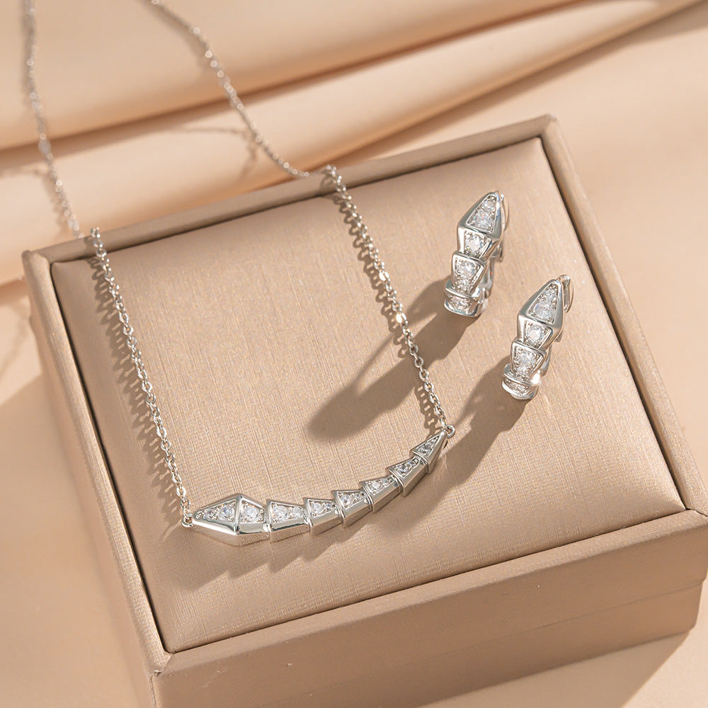 Minimalist Snake Shape Titanium Steel Necklace and Earrings Set for Women with Rhinestone Inlay and Gold Plating