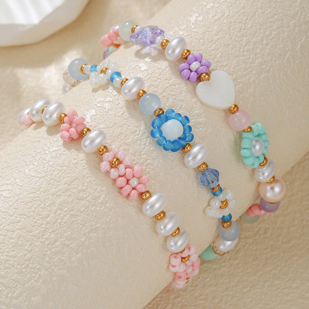 Vintage Handmade Geometric Floral Glass Bead and Pearl Bracelet for Women