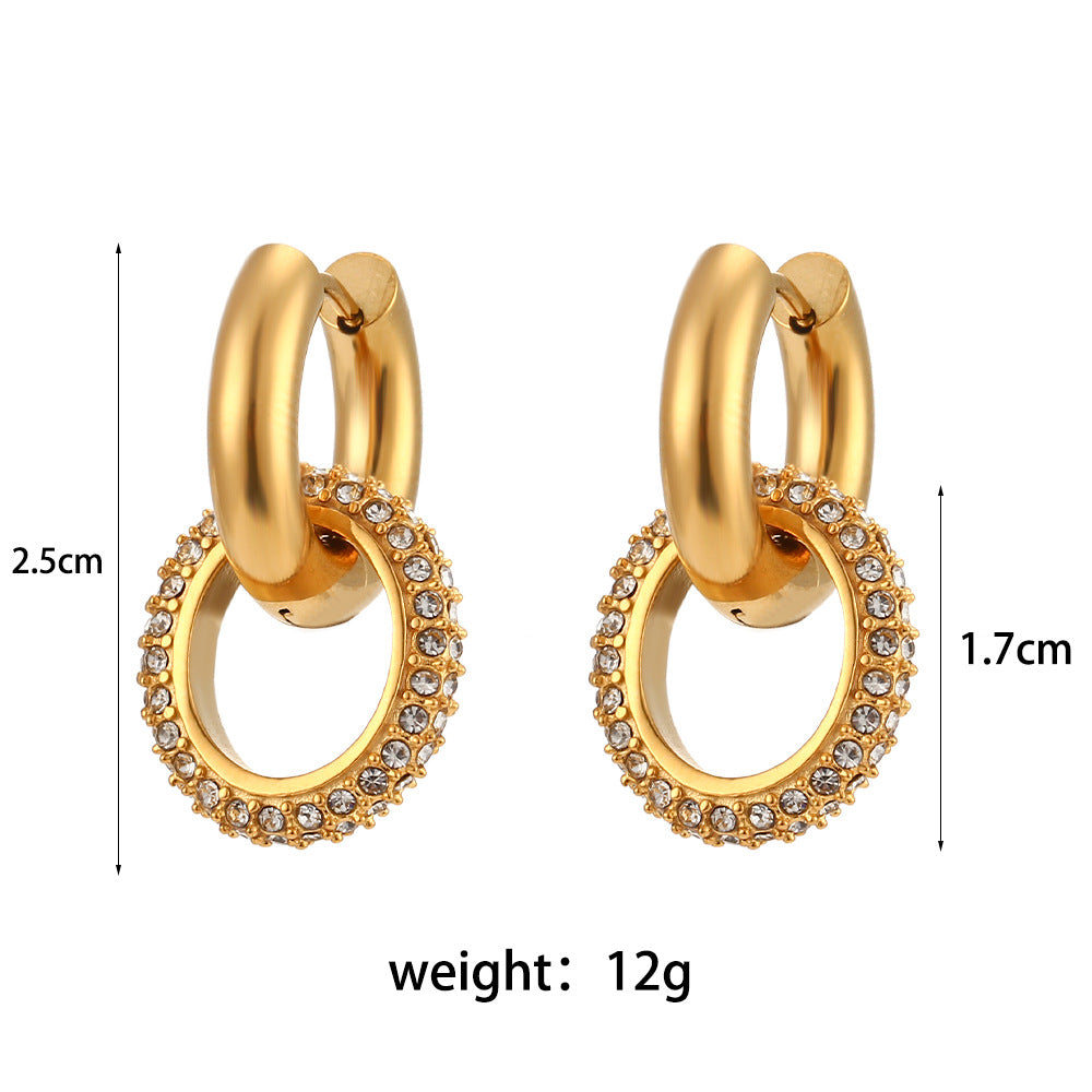 Fashion Geometric Round Hoop Earrings Stainless Steel 18K Gold Plated Cubic Zirconia for Women