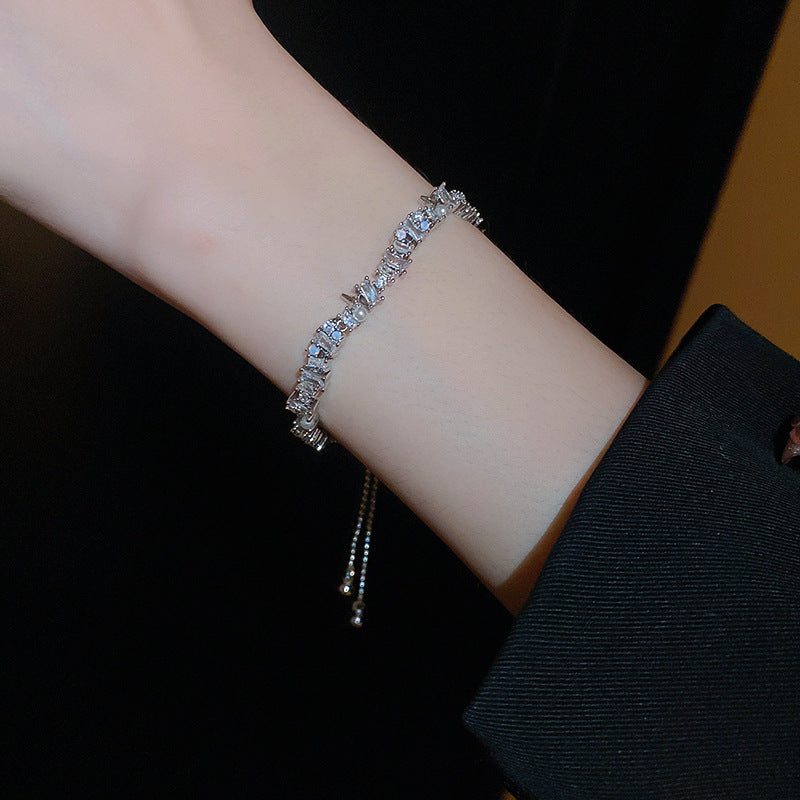Elegant Geometric Brass Bracelet with Cubic Zirconia Inlay, Adjustable Plated Women's Jewelry