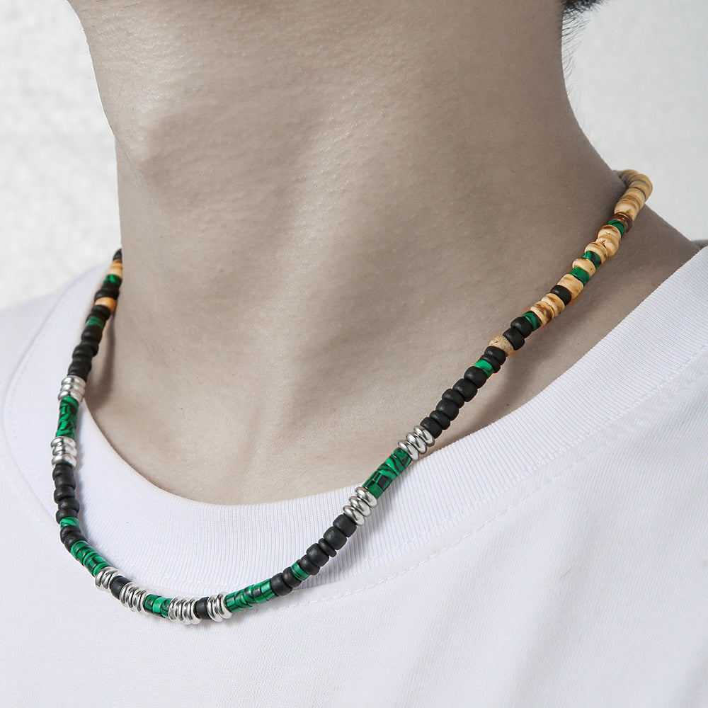 Geometric Round Wood Stainless Steel Ball Chain Necklace with Green Peacock Gemstone for Unisex