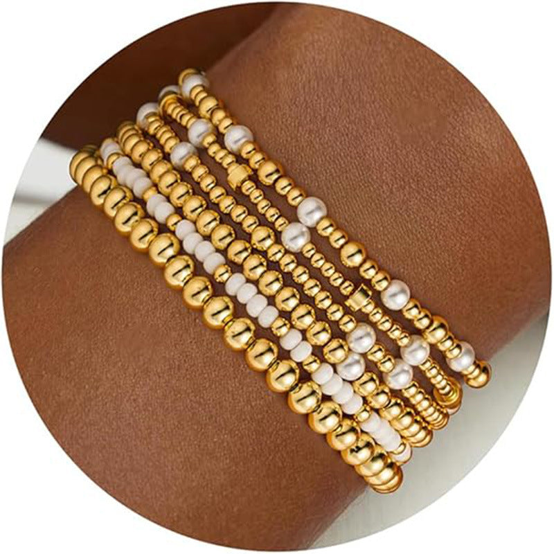 Vintage Geometric Pearl Shell Beaded Bracelet Set for Women