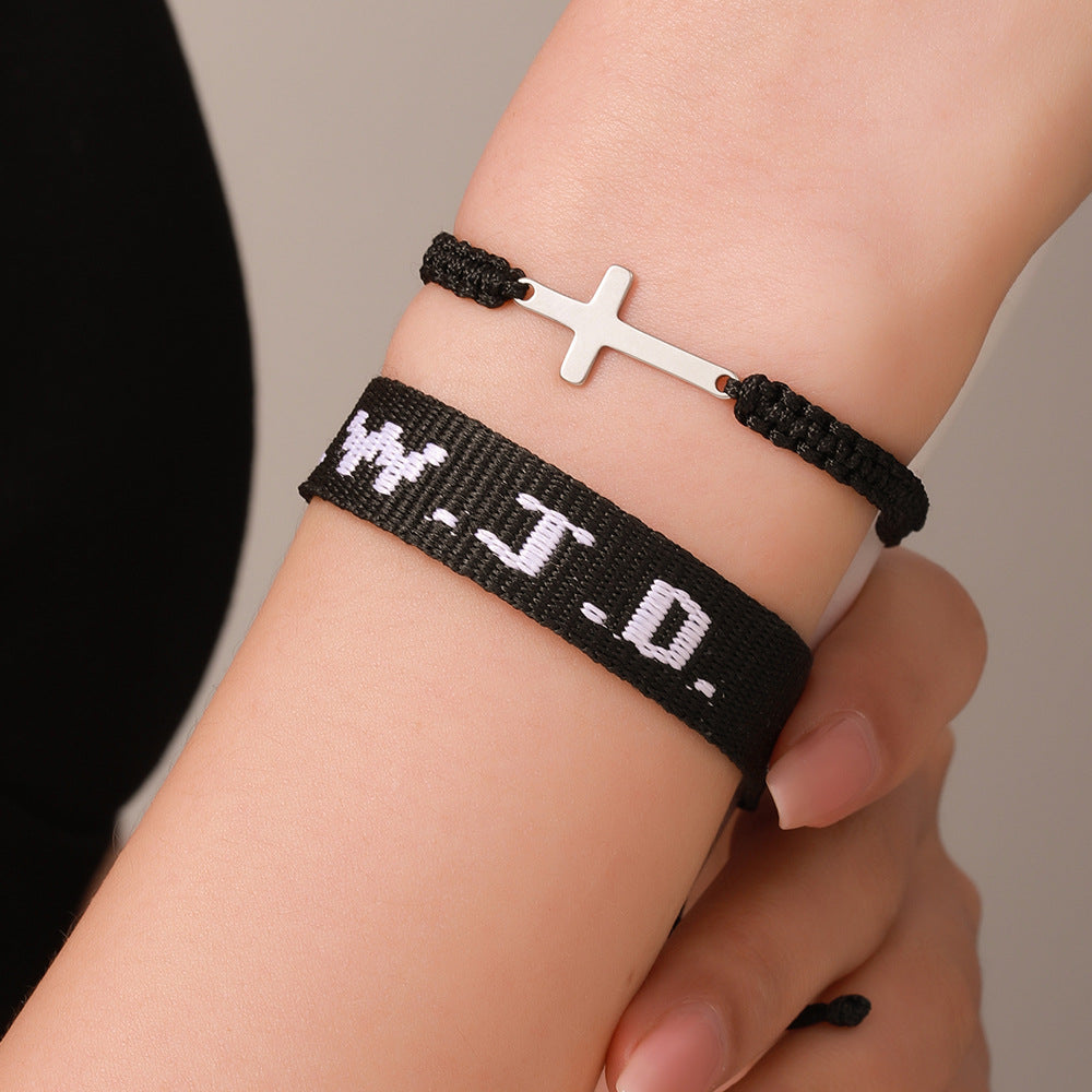 Unisex Stainless Steel Braided Friendship Bracelet with Cross and Letter Charm