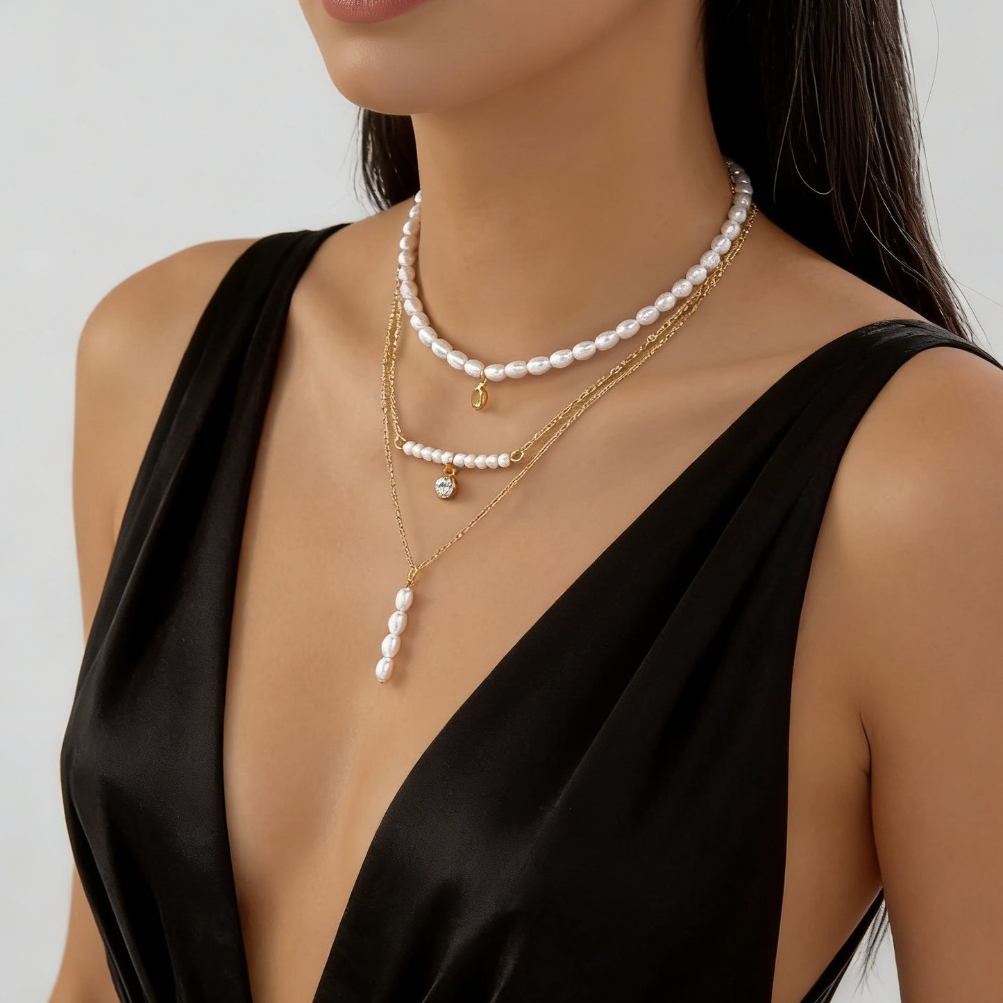 Collana Placcata in Lega con Fiocco a Cuore di Perle Barocche Irregolari Stile Francese Geometrico