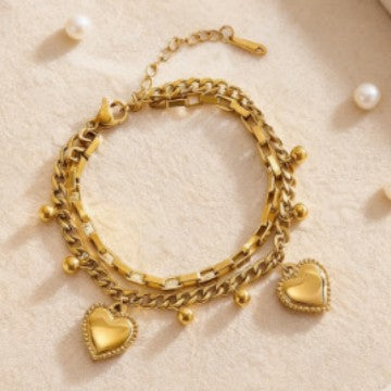 Elegant 18K Gold Plated Heart Stainless Steel Double Layer Bracelet for Women