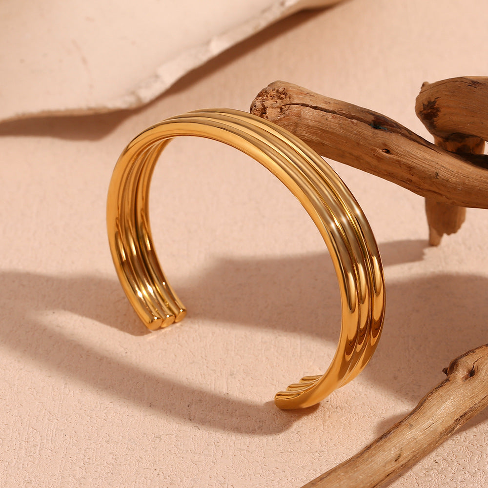 Minimalist Fashionable Open-Triple-Tube Polished Stainless Steel Bracelet with 18K Gold Plating for Women