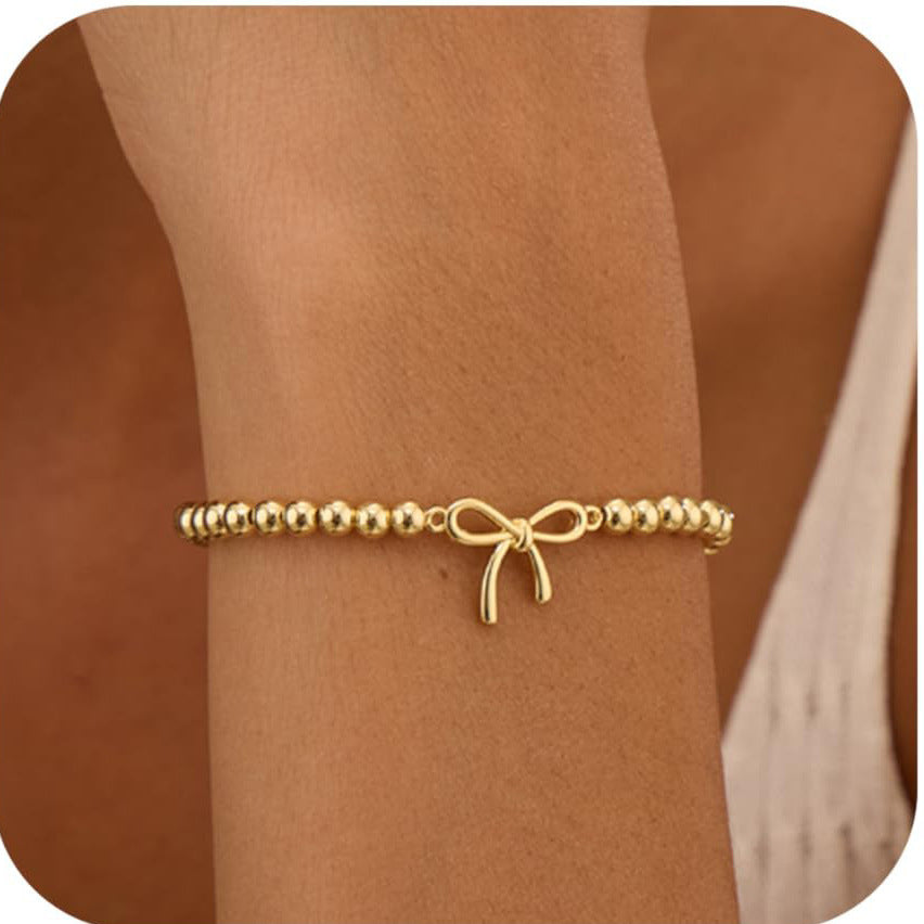 Minimalist Elegant Brass Plated Bow Bracelet for Women Adjustable Beaded Hand Jewelry