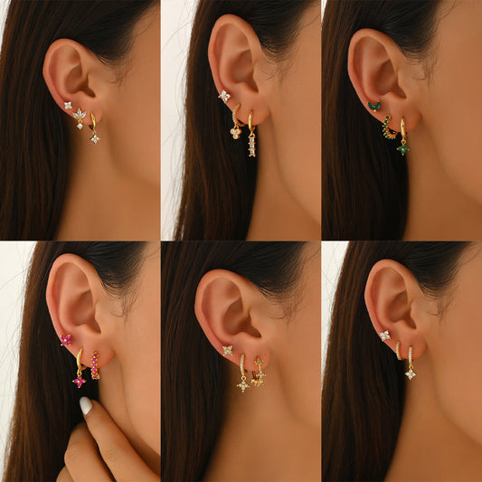 Aretes Minimalistas Geométricos con Incrustaciones de Zirconia en Base de Cobre y Postes de Acero Inoxidable para Mujer