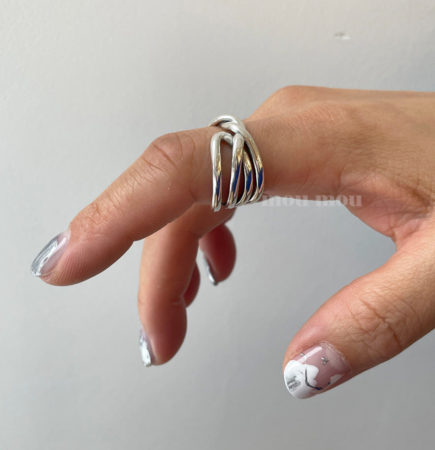Irregular Geometric Heart-Shaped 925 Sterling Silver Ring with High-Gloss Crossed Line Detail for Women