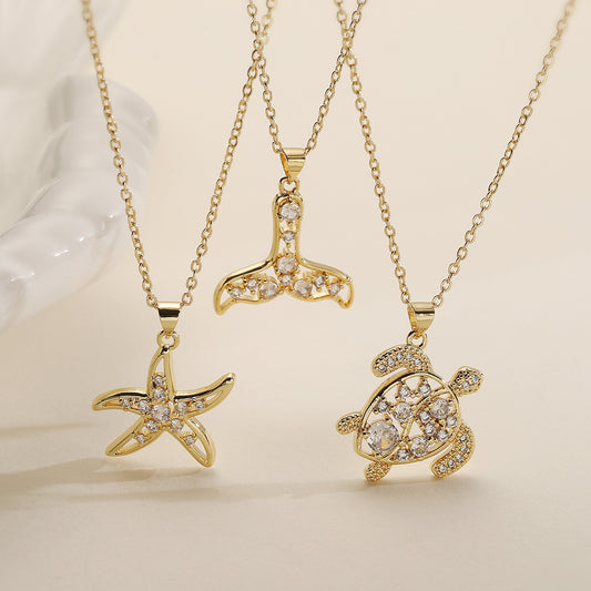 Collar con Colgante Minimalista de Estrella de Mar y Tortuga para Mujer con Cadena de Cobre en Forma Geométrica y Diseño Irregular