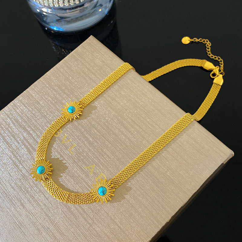 Vintage Geometric Titanium Steel Plated Rope Chain Necklace with Blue Stone Sunflower Design for Unisex