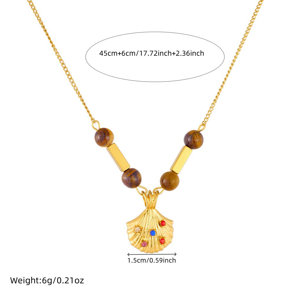 Vintage Gold Plated Stainless Steel Necklace with Cubic Zirconia and Tiger Eye Agate Beads