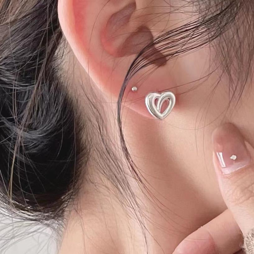 Minimalist Heart-Shaped 925 Sterling Silver Stud Earrings with Pearl Inlay for Women