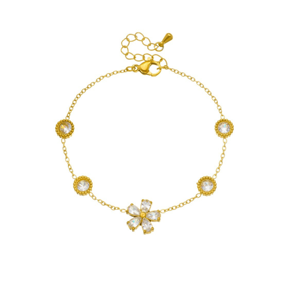 Minimalist Sweet Geometric Floral Rhinestone Inlay Gold Plated Stainless Steel Bracelet for Women