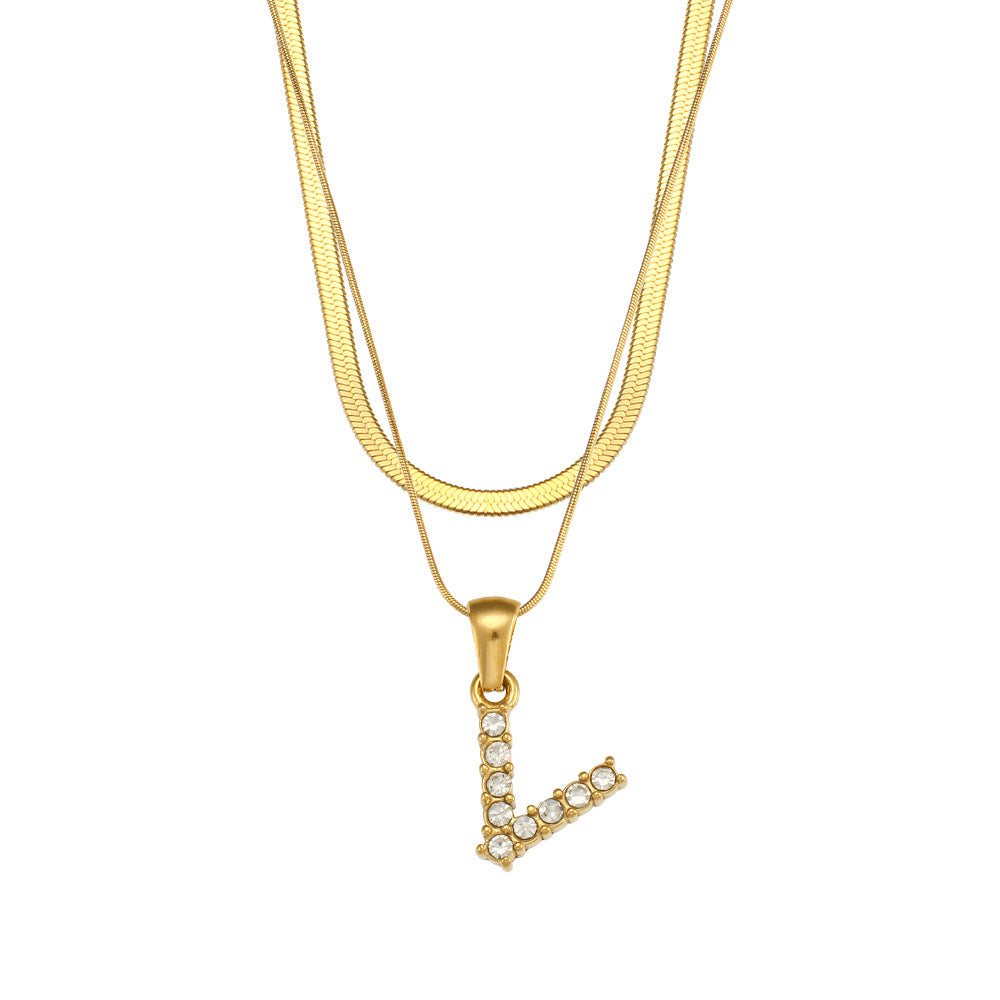 Fashionable Minimalist Letter Pendant Necklace in Stainless Steel with 18K Gold Plating and Cubic Zirconia on Double Snake Chain for Women