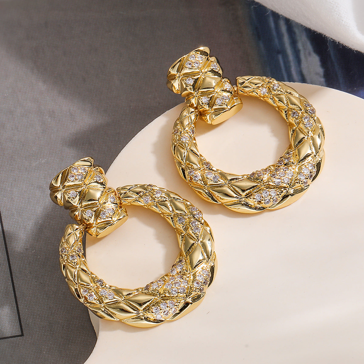 Minimalist Geometric Copper Earrings with Real Gold Plating and Zircon Inlay for Women
