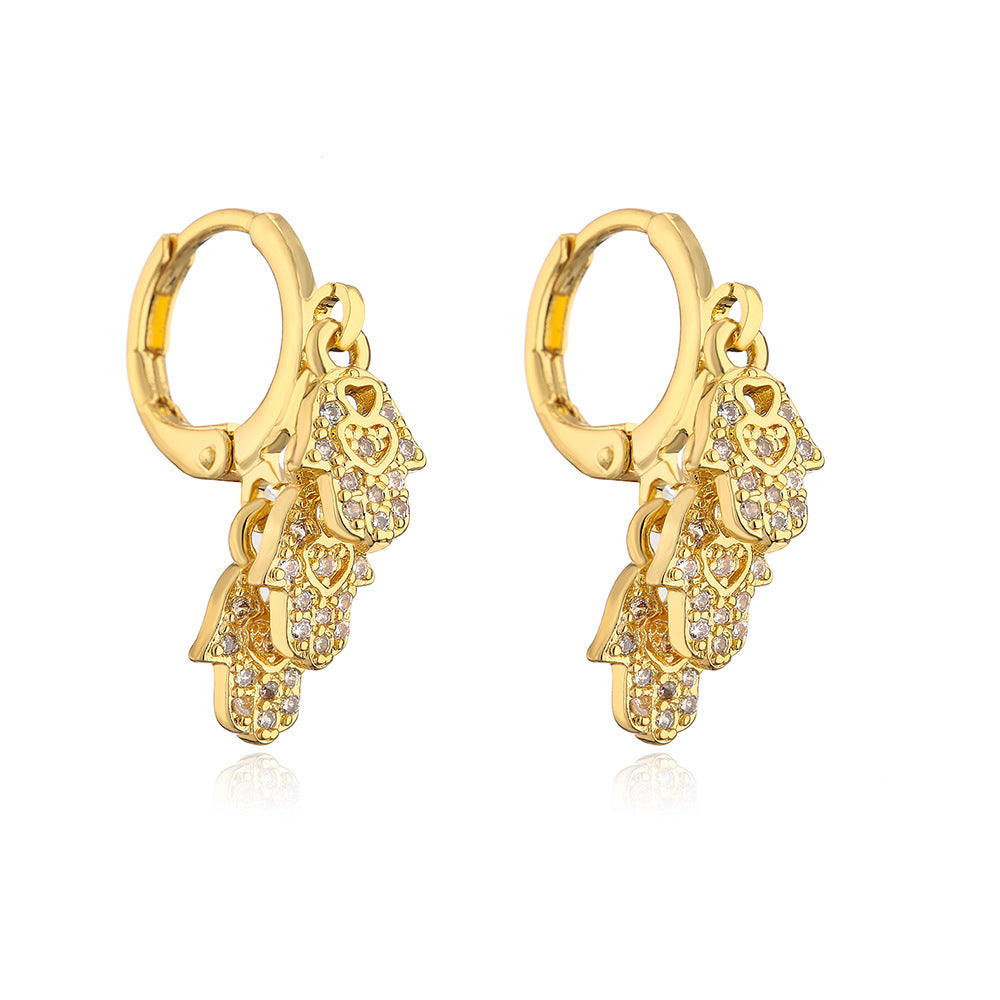 Minimalist Geometric Fatima Hand Pendant Earrings for Women with Copper Base Plated in 18K Gold and Micro-Paved Zirconia