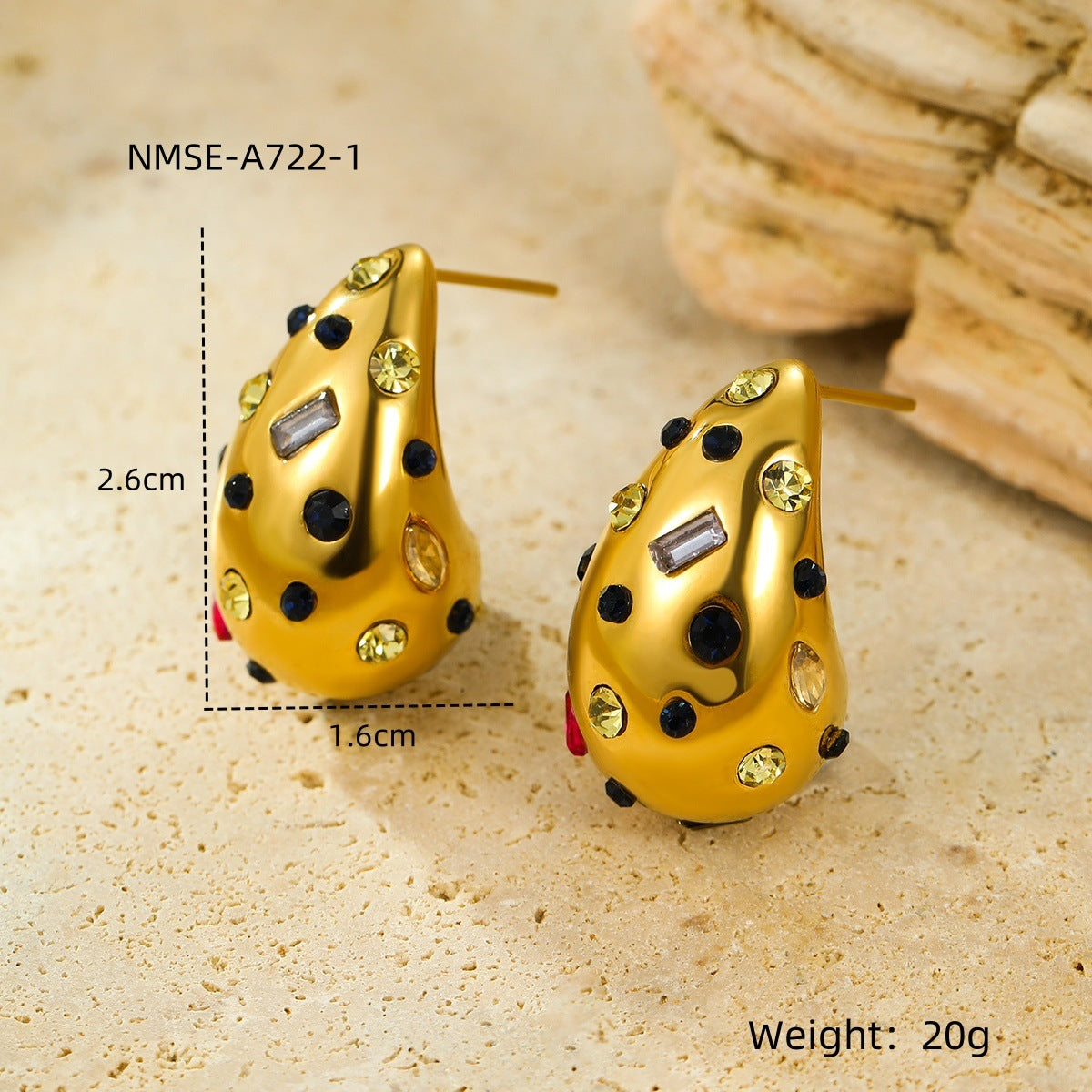 Pendientes de acero inoxidable a la moda con forma de gota de agua, chapado en oro de 18 quilates e incrustaciones de circonitas de colores irregulares