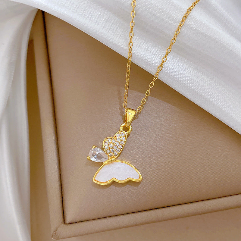 Sweet Elegant Butterfly Cubic Zirconia Plated Titanium Steel Necklace for Unisex