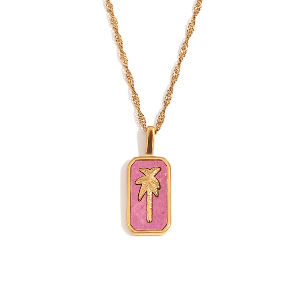 Fashionable Geometric Stainless Steel Plated 18K Gold Pendant Necklace with Mother-of-Pearl and Coconut Tree Design for Women