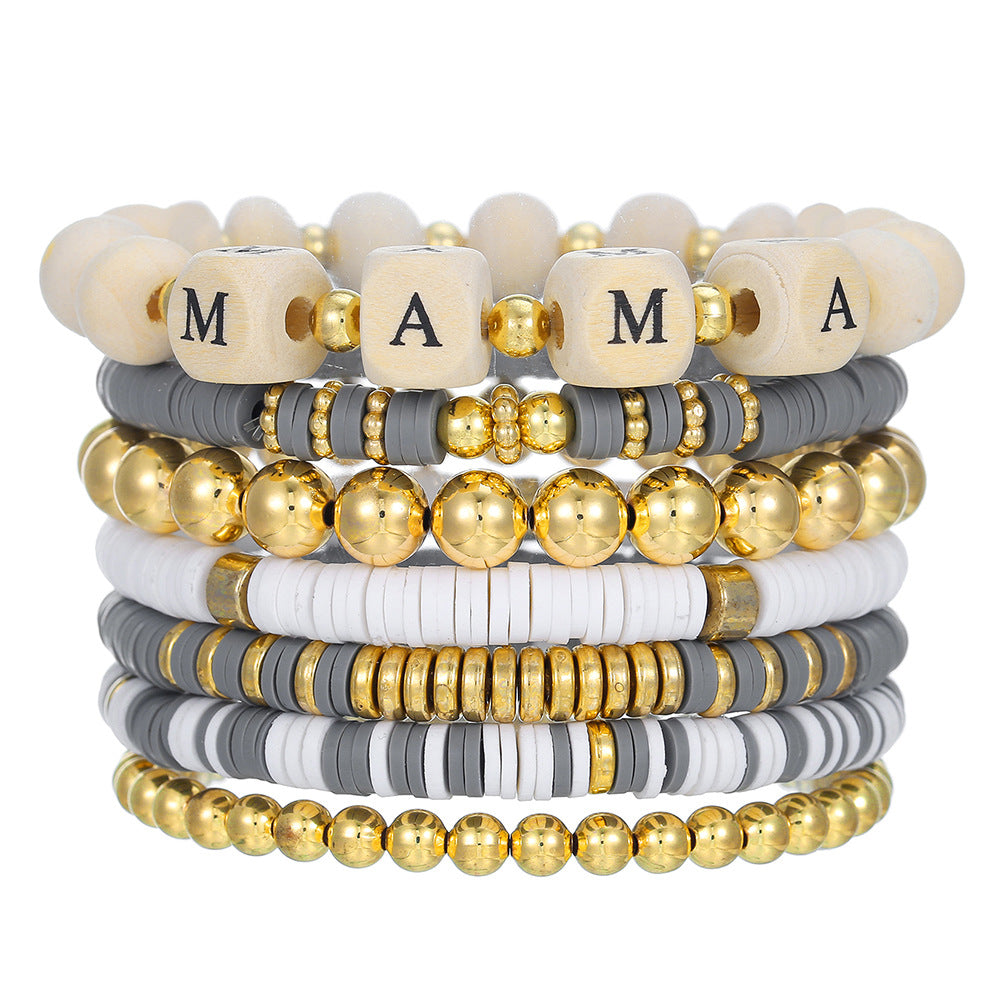 Bohemian Wood Bead and Resin Letter Bracelet Set