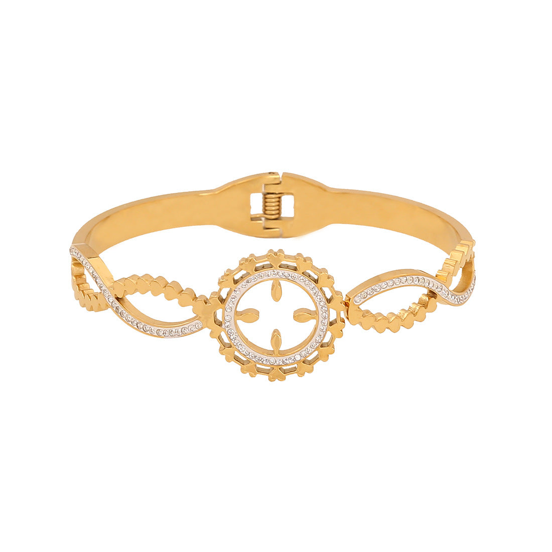 Fashionable Stainless Steel Hollow-Out Bracelet with Full Rhinestone Inlay for Women