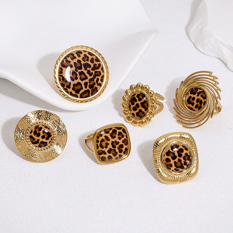 Luxury Leopard Print Geometric Plated Stainless Steel Open Ring for Women