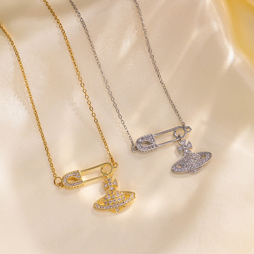 Minimalist Saturn Pendant Necklace for Women in Titanium Steel with Micro-Pave Rhinestone Inlay on O-Chain
