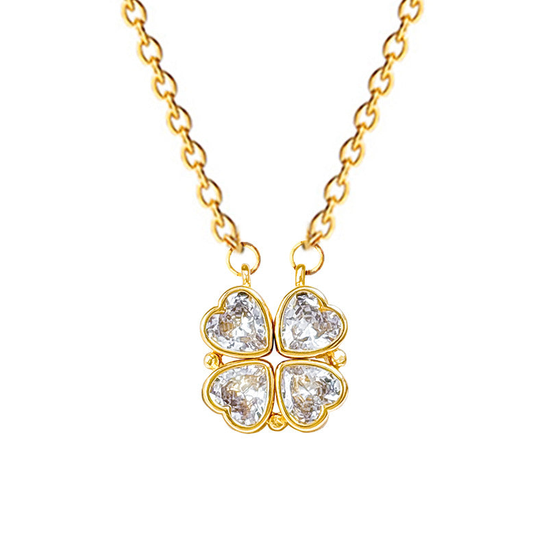 Collar con colgante de corazón y trébol de cuatro hojas estilo caricatura en acero de titanio con incrustaciones de pedrería para mujeres y hombres