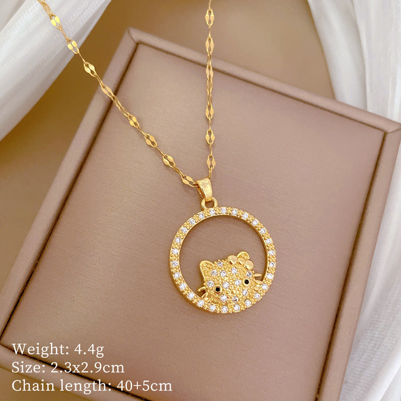 Collana girocollo minimalista a cerchio con ciondolo a forma di gatto per uomo e donna in acciaio al titanio con strass e catena delicata