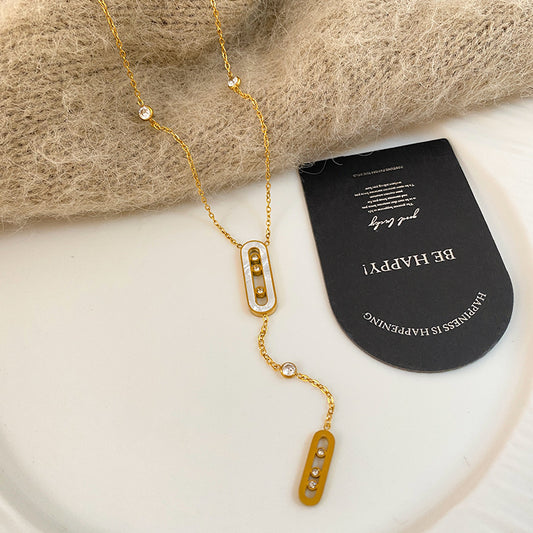 Minimalist Geometric Titanium Steel Necklace with Gold Plating, Micro-set Diamond and Shell Tassel