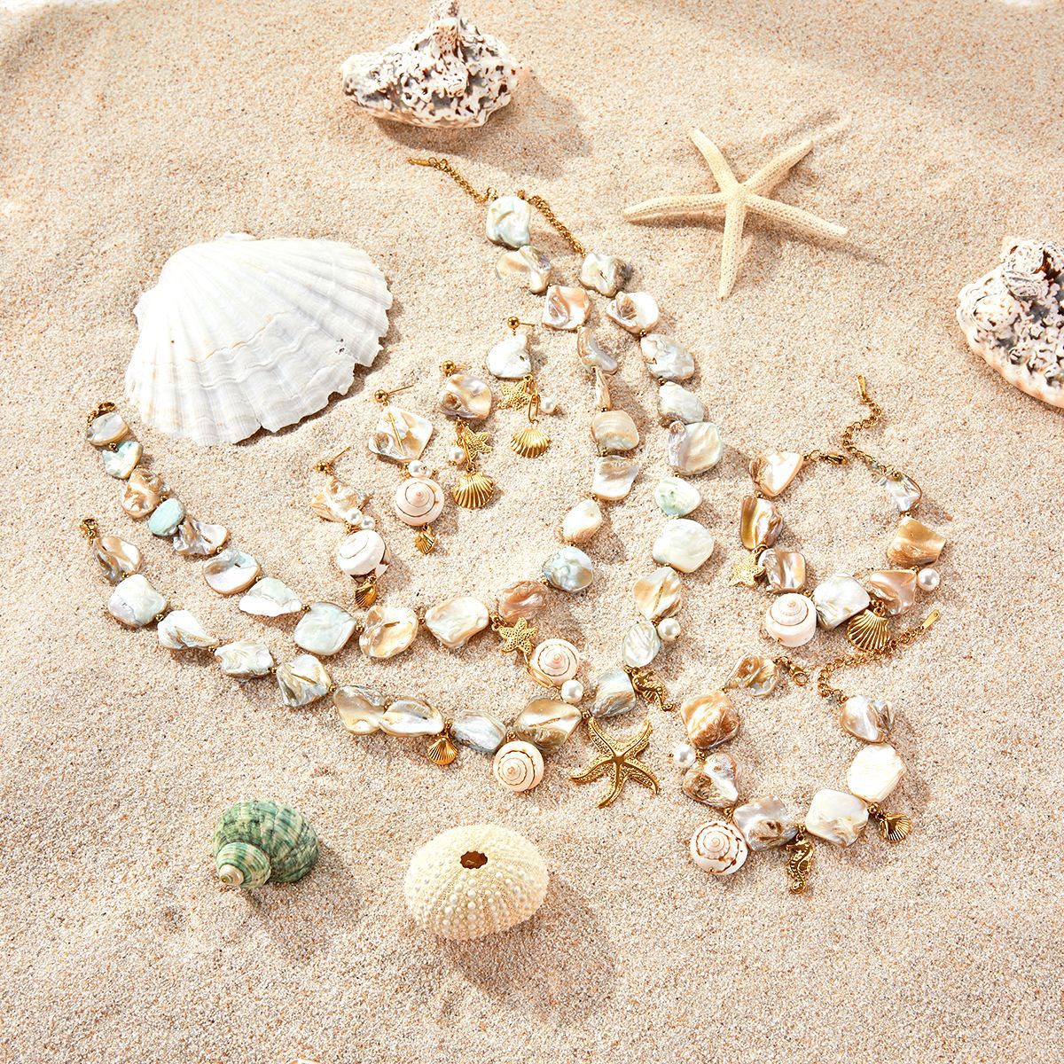 Fashionable Ocean-Themed Stainless Steel Plated Clavicle Necklace Set with Starfish and Coral Motifs for Women
