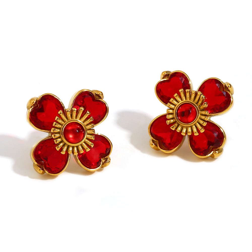 Orecchini a perno alla moda in stile vintage francese con motivo floreale, realizzati in acciaio inossidabile placcato oro 18K e zirconi bianchi e rossi