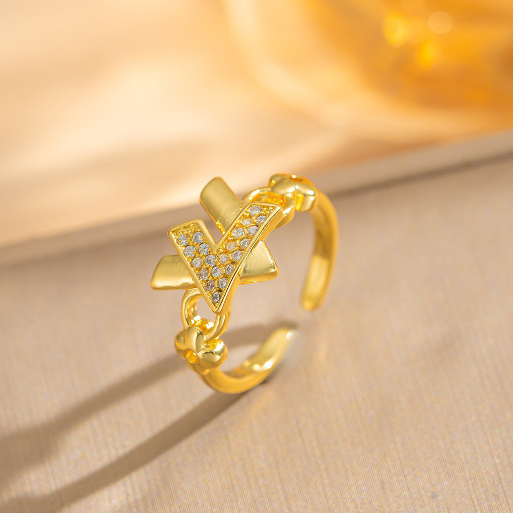 Luxury Minimalist Adjustable Open Ring for Women with Gold-Plated Copper Band and Zircon Stone Accent in Heart and Floral Shape