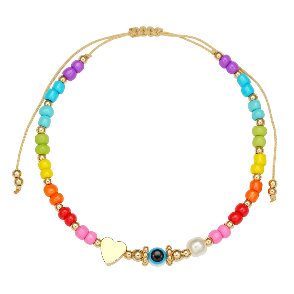 Handmade Geometric Heart Glass Bead and Pearl Bracelet for Women