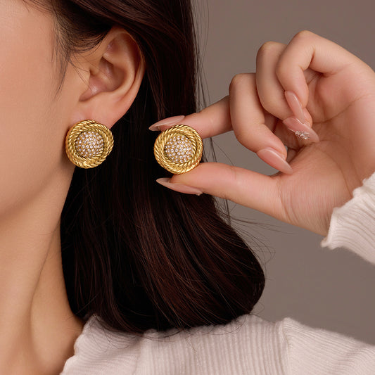 Pendientes de Aro de Acero Inoxidable Vintage con Incrustaciones de Circones para Mujer, Diseño Circular Pulido con Acabado Chapado Premium